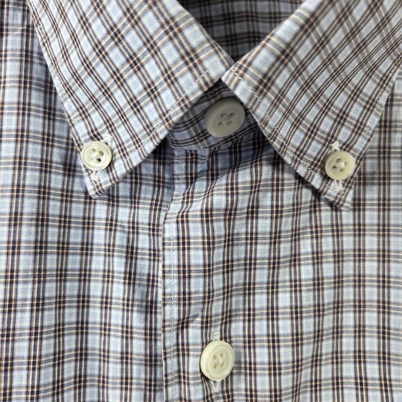 Ermenegildo Zegna Shirt Mens Medium Blue Brown Check Plaid Button Down Casual - Picture 4 of 10